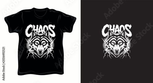 Chaos text with wolf head and lightning around for aggressive clothing design.