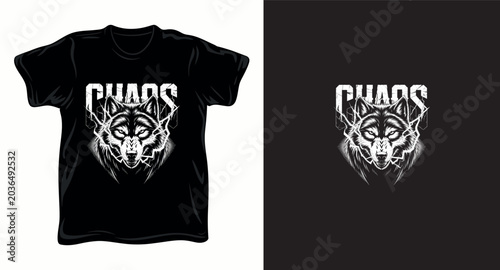Chaos text with wolf head and lightning design for dark style apparel.
