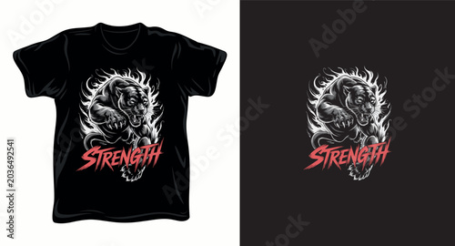 Powerful black panther strength illustration with white flames for apparel and streetwear design.