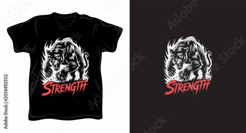 Aggressive panther with claws extended and word strength graphic for t-shirt.