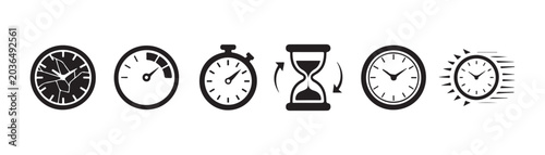 Tableau sur toile Assorted time tracking flat vector symbols with cracked clock face speedometer stopwatch and hourglass shape