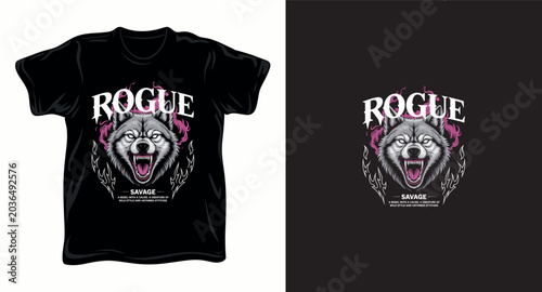 Fierce rogue savage wolf head illustration with pink smoke and typography for streetwear design.