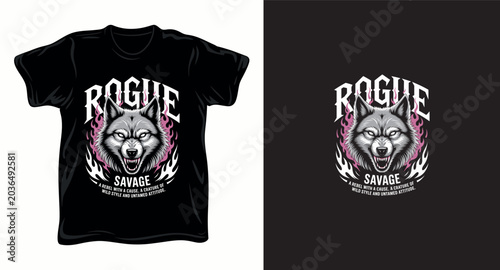 Aggressive rogue savage wolf head with pink flames for vintage t-shirt and apparel graphic.