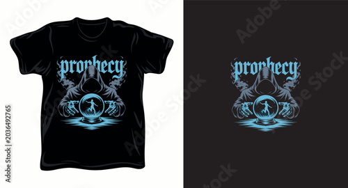 Prophecy t-shirt design, hooded figure with crystal ball, fortune teller illustration.