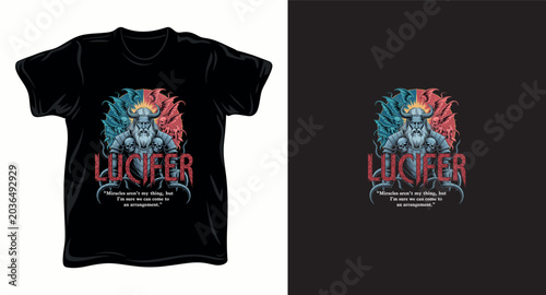 Lucifer illustration featuring a horned warrior and skulls for graphic apparel design.