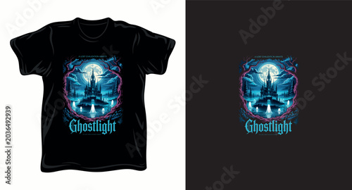 Ghostlight illustration featuring haunted castle in mysterious night landscape for tshirt design.