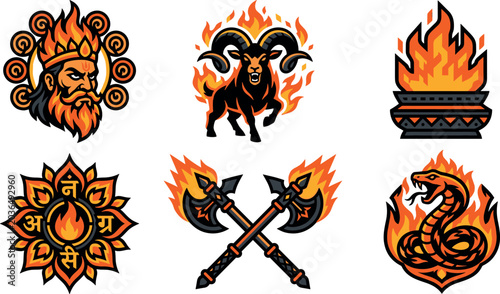 Tableau sur toile Hindu God Agni Mascot Badge Set with Flaming Fire Lord Ram Weapon Axe and Snake