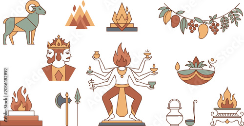 Bild auf Leinwand Minimalist Hindu God Agni and Vedic Fire Ritual Icon Set with Multi Armed Deity,