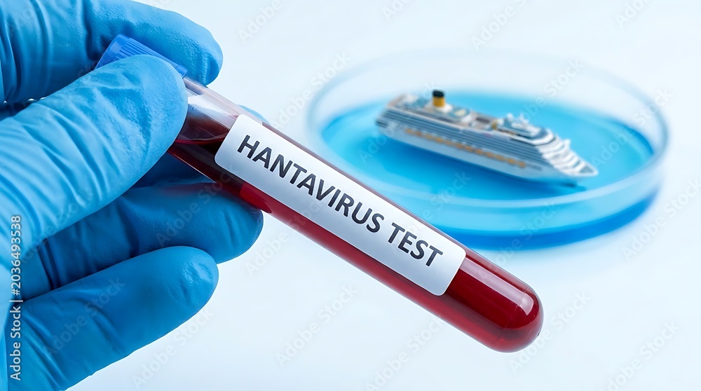 Obraz premium Medical professional holding a test tube with a hantavirus blood sample near a miniature cruise ship model.