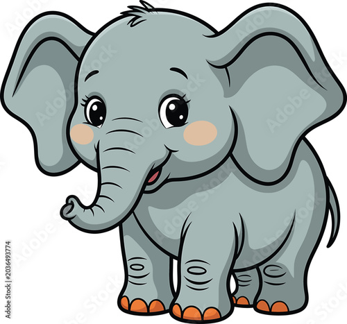 A charming cartoon illustration of a happy baby elephant with big ears and a trunk, perfect for children's stories and educational materials