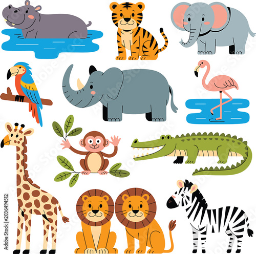 A vibrant and educational cartoon illustration featuring a collection of wild and exotic animals from diverse habitats