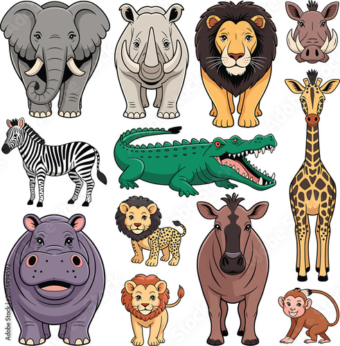 Vibrant cartoon style educational illustration featuring a diverse collection of wild safari animals. Perfect for children's learning, books, and engaging digital content