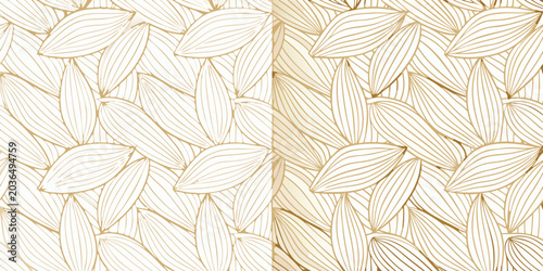 Billede på lærred Stylized elongated leaf pattern features repeating botanical shapes in a golden