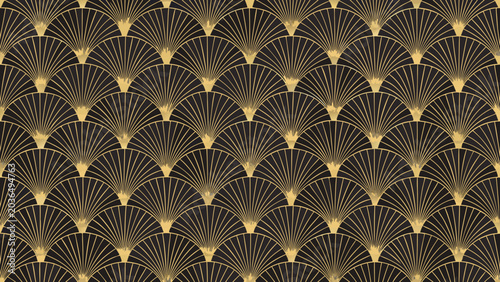 A repeating art deco fan pattern showcases a dark background with golden linear ornamentation geometric lines design decorative vintage retro 1920s