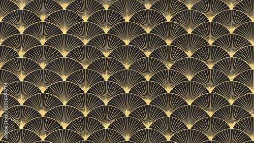 A repeating art deco fan pattern showcases a golden and black geometric design on a dark background ornament motif nouveau decorative