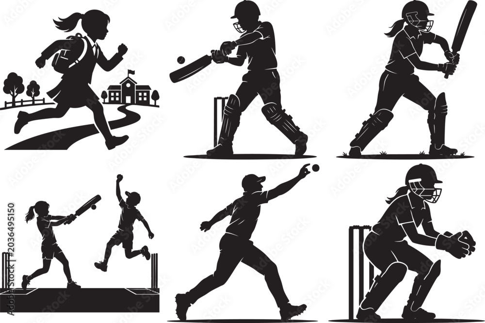 Fototapeta premium Cricket players silhouette collection batting bowling fielding and running isolated on transparent background