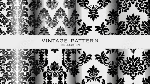 Floral ornament collection featuring twelve repeating patterns in black and white displayed as vertical strips damask scrollwork arabesque ornate motif design