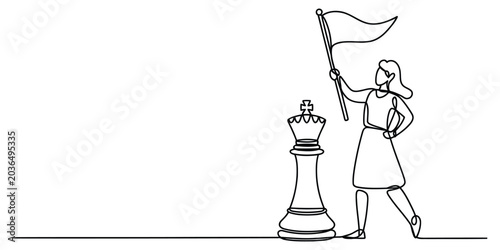 Foto Continuous line drawing of a woman holding a flag next to a chess king
