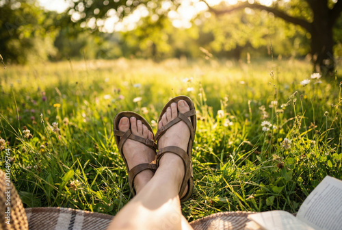 Woman feet in sandals resting on grass. Girl relaxing in park during sunny summer day. Close up view of legs on meadow lawn. Weekend lifestyle, outdoor leisure and nature vacation concept.