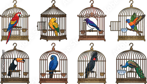 Photography Vintage Birdcage and Exotic Tropical Bird Vector Set with Macaw, Toucan, Peacock