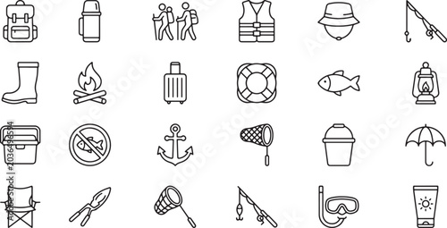 Camping and Fishing Equipment Line Icons Set – Hiking, Boating, and Outdoor Recreation Vector Elements