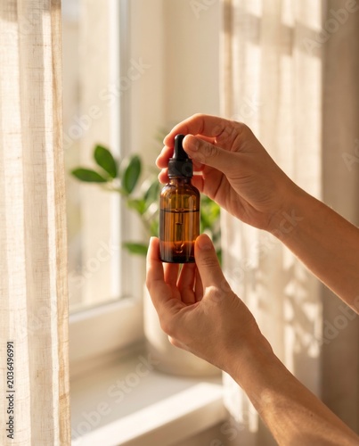 Woman holding brown glass bottle with serum pipette near window. Minimal skin care routine in summer sunlight. Organic beauty product essence concept for daily facial spa treatment.