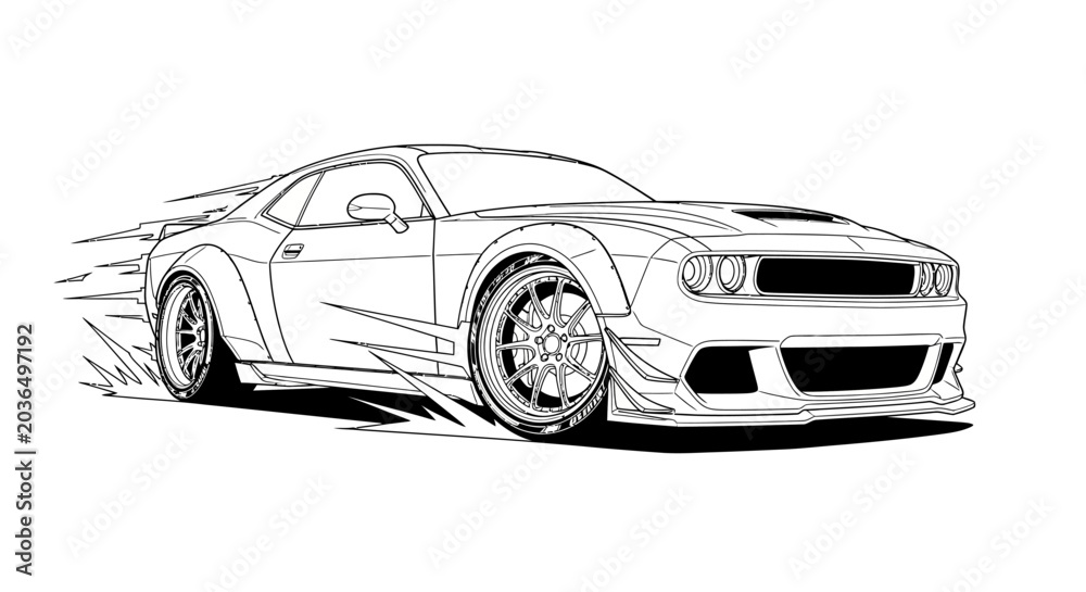 Fototapeta premium Modern muscle car illustration, dynamic lines, speed effect, black ink art on white background