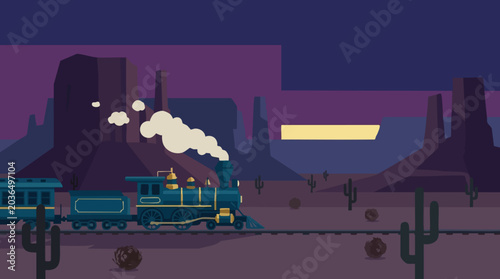 Foto Flat design illustration of a steam train in a Western desert at sunset