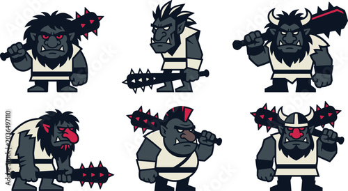 Fotografia Dark Fantasy Ogre and Orc Warrior Character Set with Spiked Clubs and Horned Hel