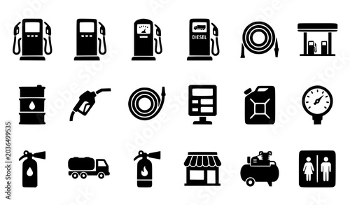 Bild auf Leinwand Gas Pump Silhouette Vector Icon Collection with Fuel Station and Petroleum Indus