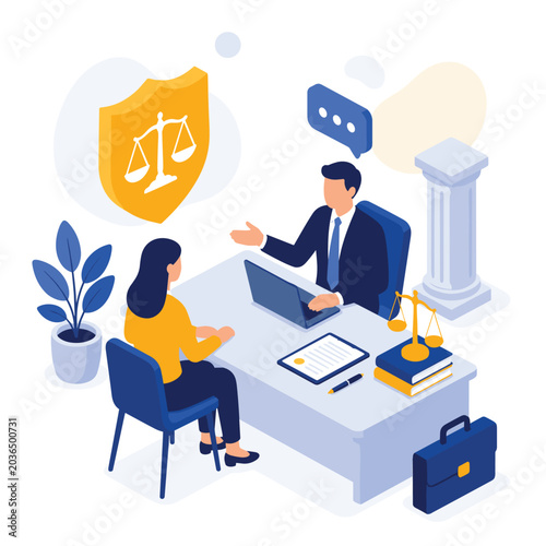 Illustration of Two Professionals Discussing Legal Matters at a Modern Office Desk with Legal Symbols