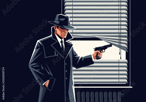 Vászonkép Noir Style Detective in Trench Coat and Fedora Holding a Gun by Window Blinds -