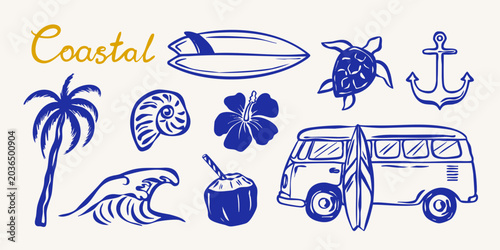 Fotografie Coastal summer hand drawn set with surfboard, palm tree, anchor, van and tropical beach elements
