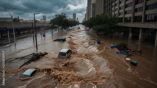 Dramatic Aerial View of City Street Submerged by Brown Floodwaters with Stranded Cars and Debris After Extreme Weather Event