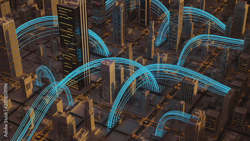 Futuristic Smart City Data Network Aerial View with Glowing Connections