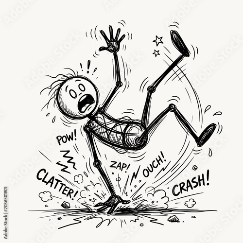 Fényképezés A cartoon stick figure experiencing a shocking fall with onomatopoeia