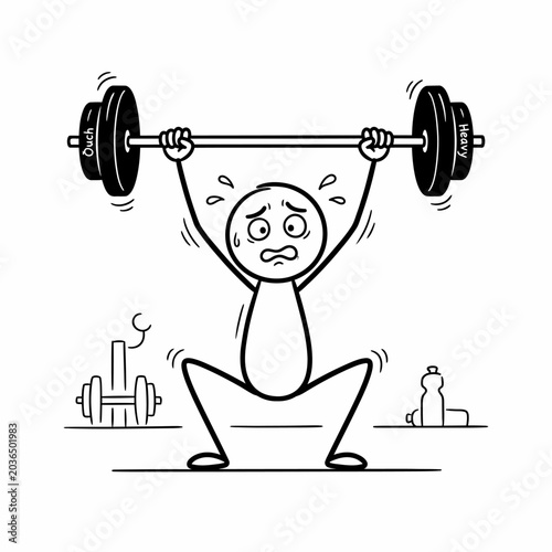 Stick figure struggling to lift weights.