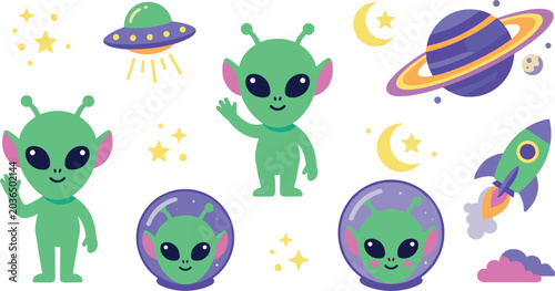 Bild auf Leinwand Cute Green Alien Outer Space Vector Element Set with Spaceship Rocket UFO Planet