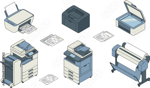 Fotografía Isometric Office Printer and Scanner Vector Set with Multifunction Copiers Plott