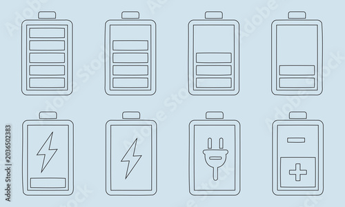 Set of battery icons showing different charge levels and power symbols on a light blue background