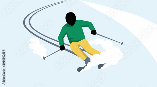 Tableau sur toile Graphic illustration of a person skiing down a snowy slope with tracks