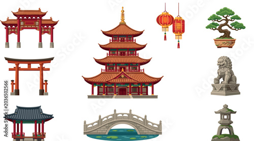 Traditional East Asian Cultural and Architectural Vector Set with Pagoda Torii Gate Paifang Bonsai Tree Stone Bridge and Guardian Lion Statues
