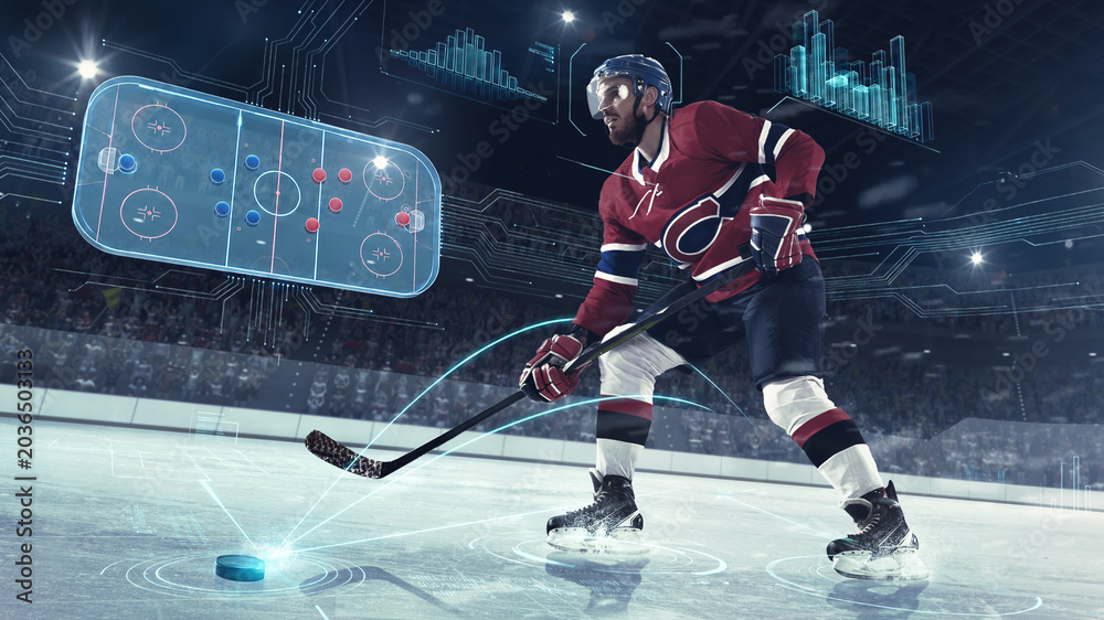Naklejka premium Hockey player skating with digital rink tactics and puck tracking interface. Concept of ice hockey analytics, team strategy, coaching software, sports tech and broadcast graphics.