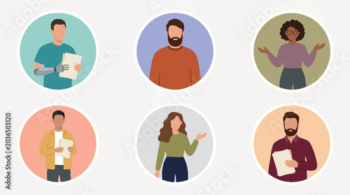 Set of diverse professional avatars: men and women with varied features and items