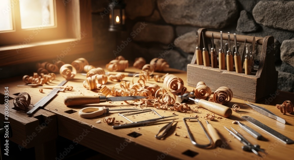 Obraz premium Atelier de menuiserie avec outils et copeaux de bois sur un établi baigné de soleil