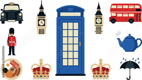 Tablou pe pânză London Flat Vector Element Set with Blue Police Telephone Box Big Ben Tower Doub