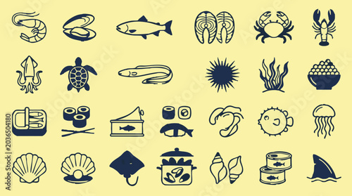 Tableau sur toile Seafood and Marine Life Outline Icons Set on Yellow Background