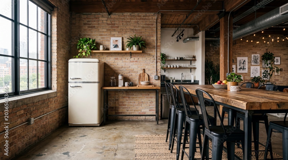 Fototapeta premium Industrial Loft Style Creative Office Breakroom Featuring Trendy Vintage Refrigerator And Cozy Modern Design Elements