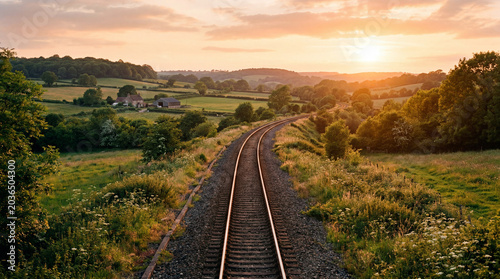 Rural Countryside Railway Tracks During Golden Hour Peacefully Moody Realistic Nature Landscape With No People