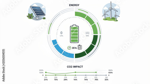 Energy and sustainability infographic with solar, wind, and green technology visuals